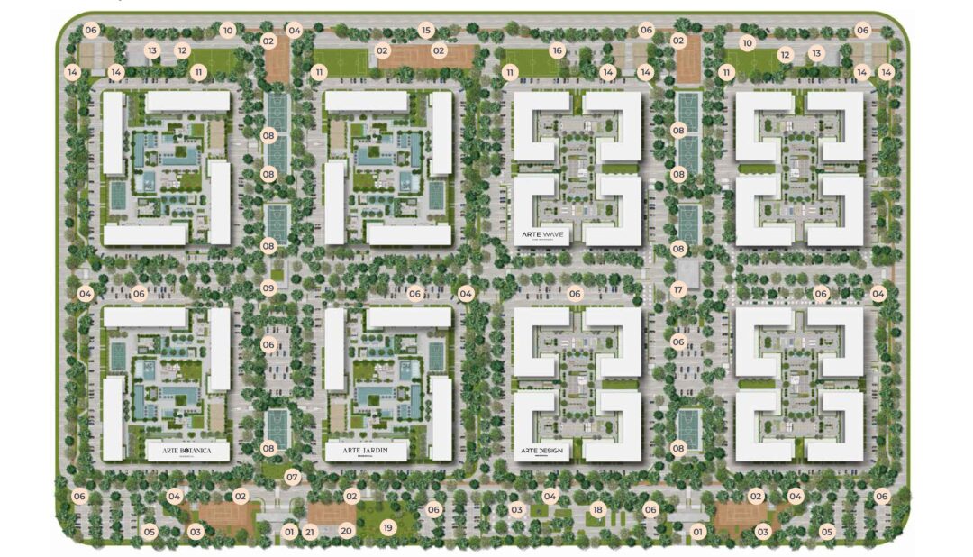 Imagem do masterplan do bairro planejado Cidade Arte, com destaque para a organização dos espaços residenciais, áreas verdes e infraestrutura de lazer na Barra
