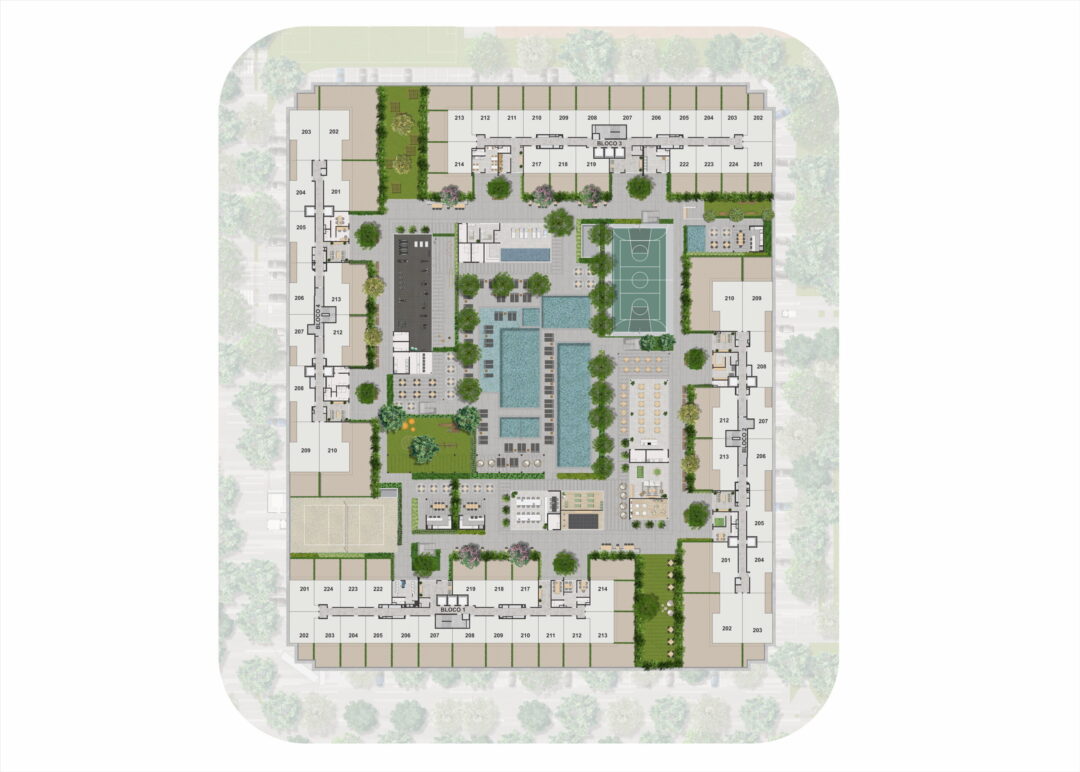 Masterplan do pavimento de uso comum do Arte Wood Residences, empreendimento da Calper no bairro planejado Cidade Arte, na Barra da Tijuca, Rio de Janeiro.
