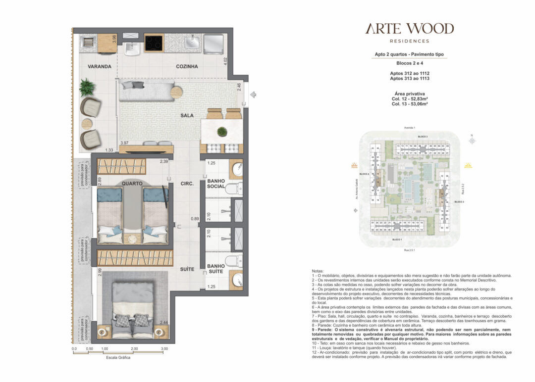 Planta humanizada dos apartamentos de 2 quartos com 52,83 m² e 53,06 m² de áreas privativas no Arte Wood Residences, empreendimento da Calper no bairro planejado Cidade Arte, na Barra da Tijuca, Rio de Janeiro.