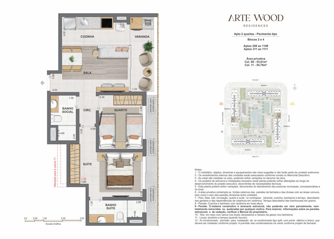Planta humanizada dos apartamentos de 2 quartos com 53,61 m² e 54,76 m² de áreas privativas no Arte Wood Residences, empreendimento da Calper no bairro planejado Cidade Arte, na Barra da Tijuca, Rio de Janeiro.