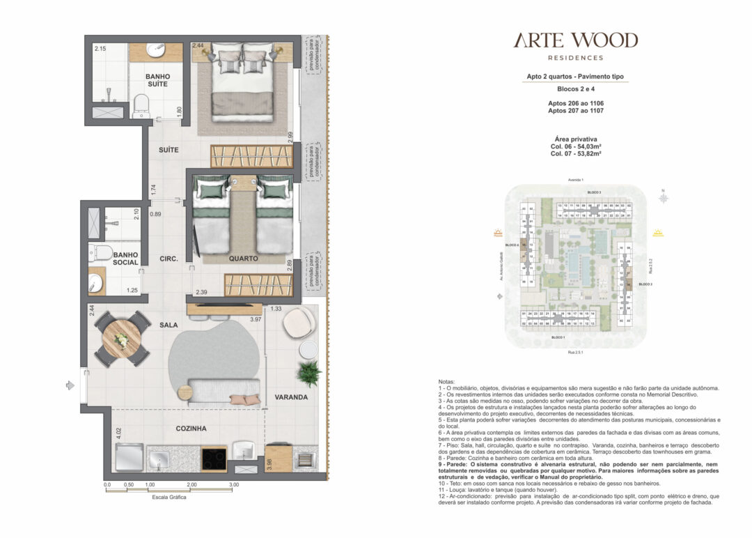 Planta humanizada dos apartamentos de 2 quartos com 53,82 m² e 54,03 m² de áreas privativas no Arte Wood Residences, empreendimento da Calper no bairro planejado Cidade Arte, na Barra da Tijuca, Rio de Janeiro.