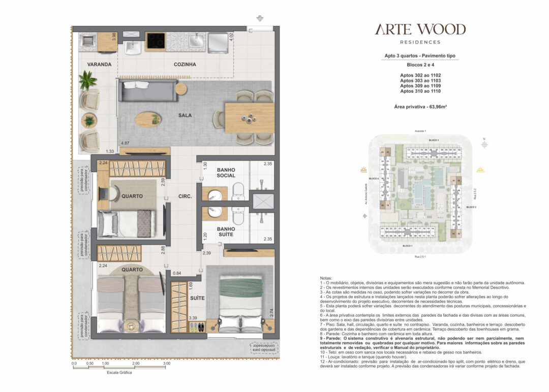 Planta humanizada do apartamento de 3 quartos com 63,96 m² de área privativa no Arte Wood Residences, empreendimento da Calper no bairro planejado Cidade Arte, na Barra da Tijuca, Rio de Janeiro.