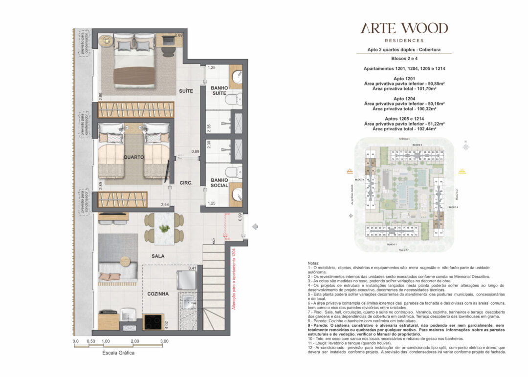 Planta humanizada do pavimento inferior das coberturas dúplex de 2 quartos com 100,32 m², 101,70 m² e 102,44 m² de áreas privativas total no Arte Wood Residences, empreendimento da Calper no bairro planejado Cidade Arte, na Barra da Tijuca, Rio de Janeiro.