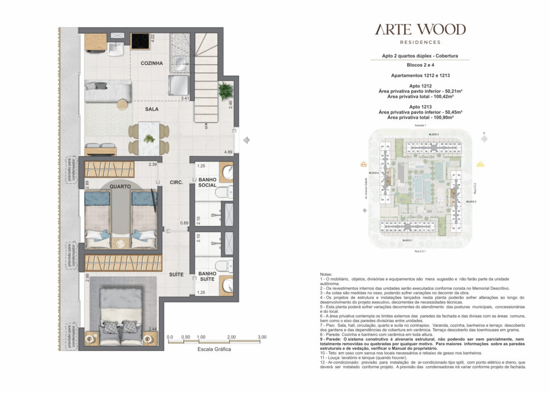 Planta humanizada do pavimento inferior das coberturas dúplex de 2 quartos com 100,42 m² e 100,90 m² de áreas privativas total no Arte Wood Residences, empreendimento da Calper no bairro planejado Cidade Arte, na Barra da Tijuca, Rio de Janeiro.