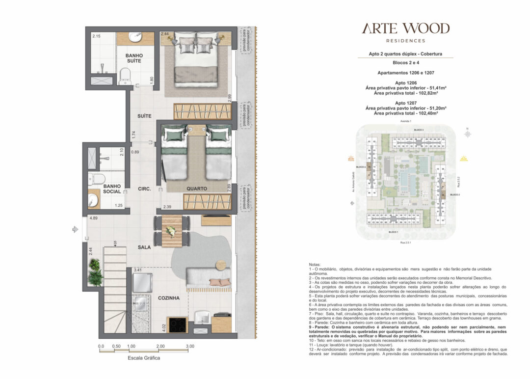 Planta humanizada do pavimento inferior das coberturas dúplex de 2 quartos com 102,40 m² e 102,82 m² de áreas privativas total no Arte Wood Residences, empreendimento da Calper no bairro planejado Cidade Arte, na Barra da Tijuca, Rio de Janeiro.