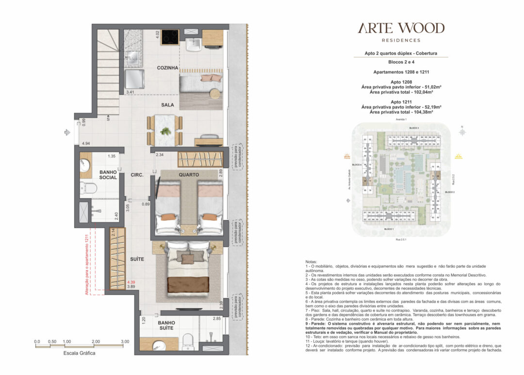 Planta humanizada do pavimento inferior das coberturas dúplex de 2 quartos com 102,04 m² e 104,38 m² de áreas privativas total no Arte Wood Residences, empreendimento da Calper no bairro planejado Cidade Arte, na Barra da Tijuca, Rio de Janeiro.