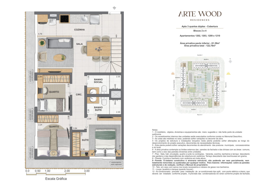 Planta humanizada do pavimento inferior da cobertura dúplex de 3 quartos com 122,78 m² de área privativa total no Arte Wood Residences, empreendimento da Calper no bairro planejado Cidade Arte, na Barra da Tijuca, Rio de Janeiro.