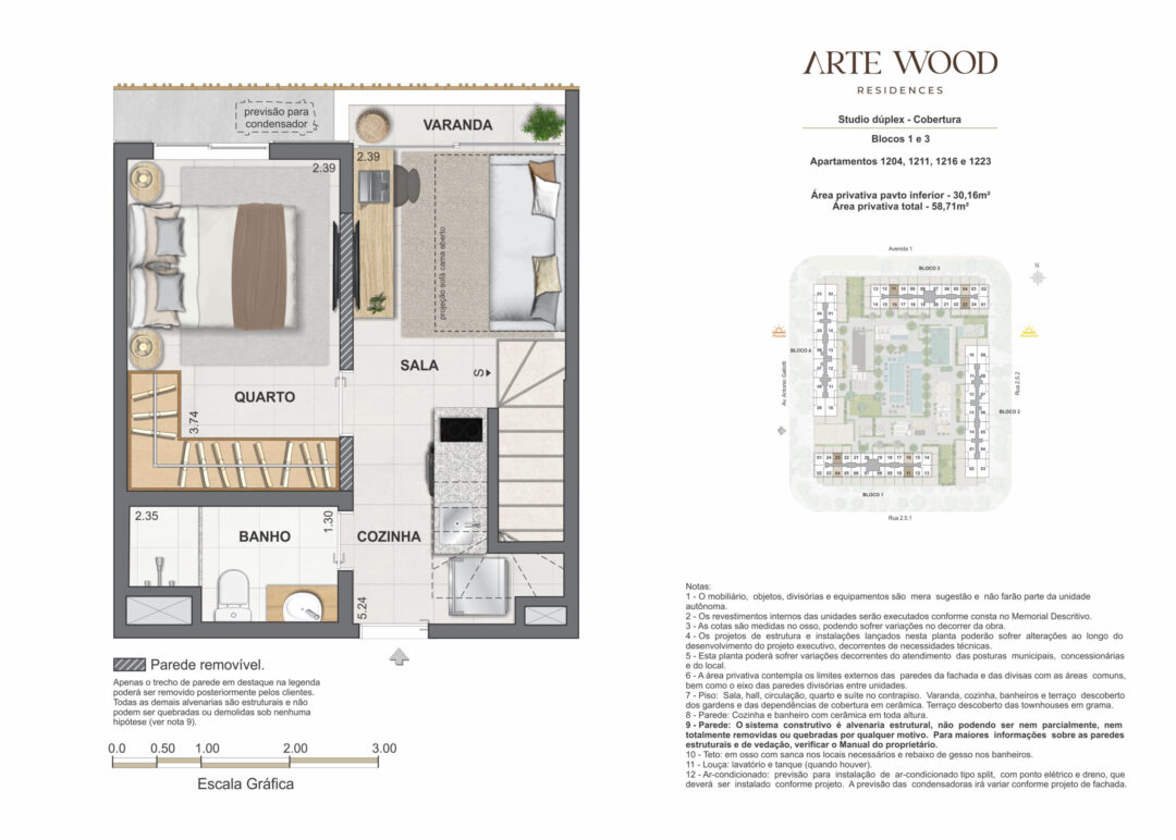 Planta humanizada do pavimento inferior da cobertura studio dúplex com 58,71 m² de área privativa total no Arte Wood Residences, empreendimento da Calper no bairro planejado Cidade Arte, na Barra da Tijuca, Rio de Janeiro.
