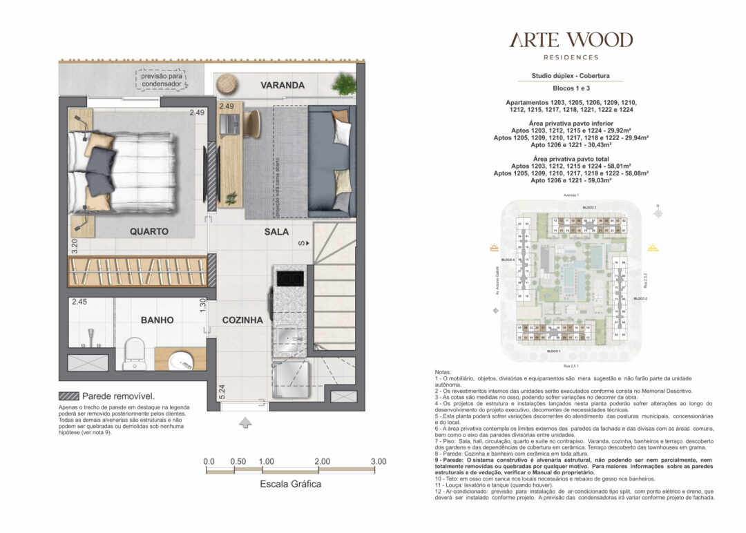 Planta humanizada do pavimento inferior das coberturas studio dúplex com 58,01 m², 58,08 m² e 59,03 m² de áreas privativas total no Arte Wood Residences, empreendimento da Calper no bairro planejado Cidade Arte, na Barra da Tijuca, Rio de Janeiro.
