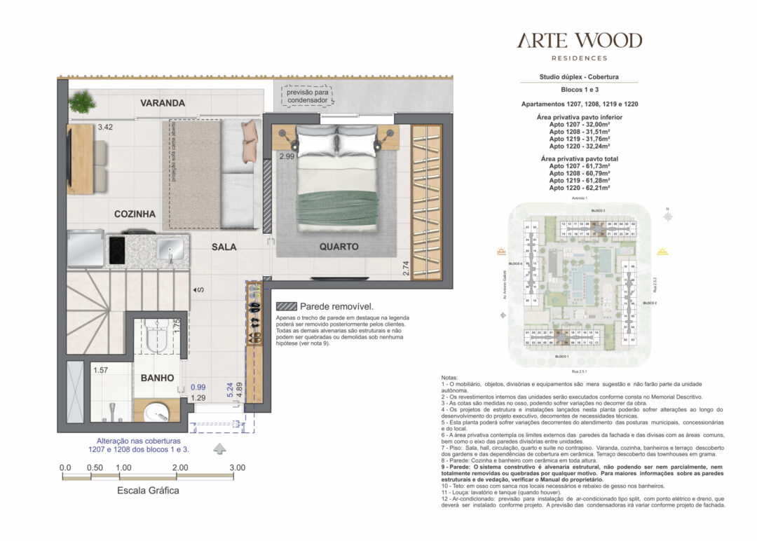Planta humanizada do pavimento inferior das coberturas studio dúplex com 60,79 m², 61,28 m², 61,73 m² e 62,21 m² de áreas privativas total no Arte Wood Residences, empreendimento da Calper no bairro planejado Cidade Arte, na Barra da Tijuca, Rio de Janeiro.