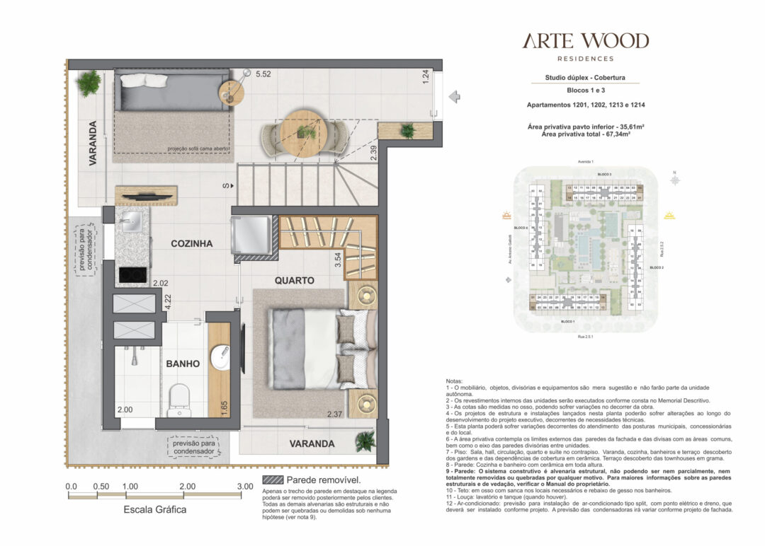 Planta humanizada do pavimento inferior da cobertura studio dúplex com 67,34 m² de área privativa total no Arte Wood Residences, empreendimento da Calper no bairro planejado Cidade Arte, na Barra da Tijuca, Rio de Janeiro.