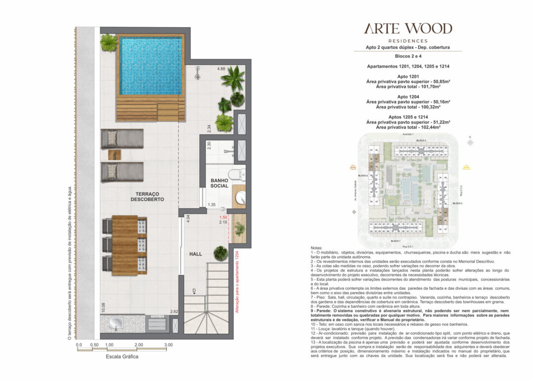 Planta humanizada do pavimento superior das coberturas dúplex de 2 quartos com 100,32 m², 101,70 m² e 102,44 m² de áreas privativas total no Arte Wood Residences, empreendimento da Calper no bairro planejado Cidade Arte, na Barra da Tijuca, Rio de Janeiro.