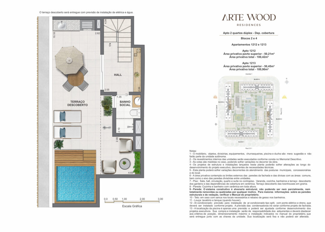 Planta humanizada do pavimento superior das coberturas dúplex de 2 quartos com 100,42 m² e 100,90 m² de áreas privativas total no Arte Wood Residences, empreendimento da Calper no bairro planejado Cidade Arte, na Barra da Tijuca, Rio de Janeiro.