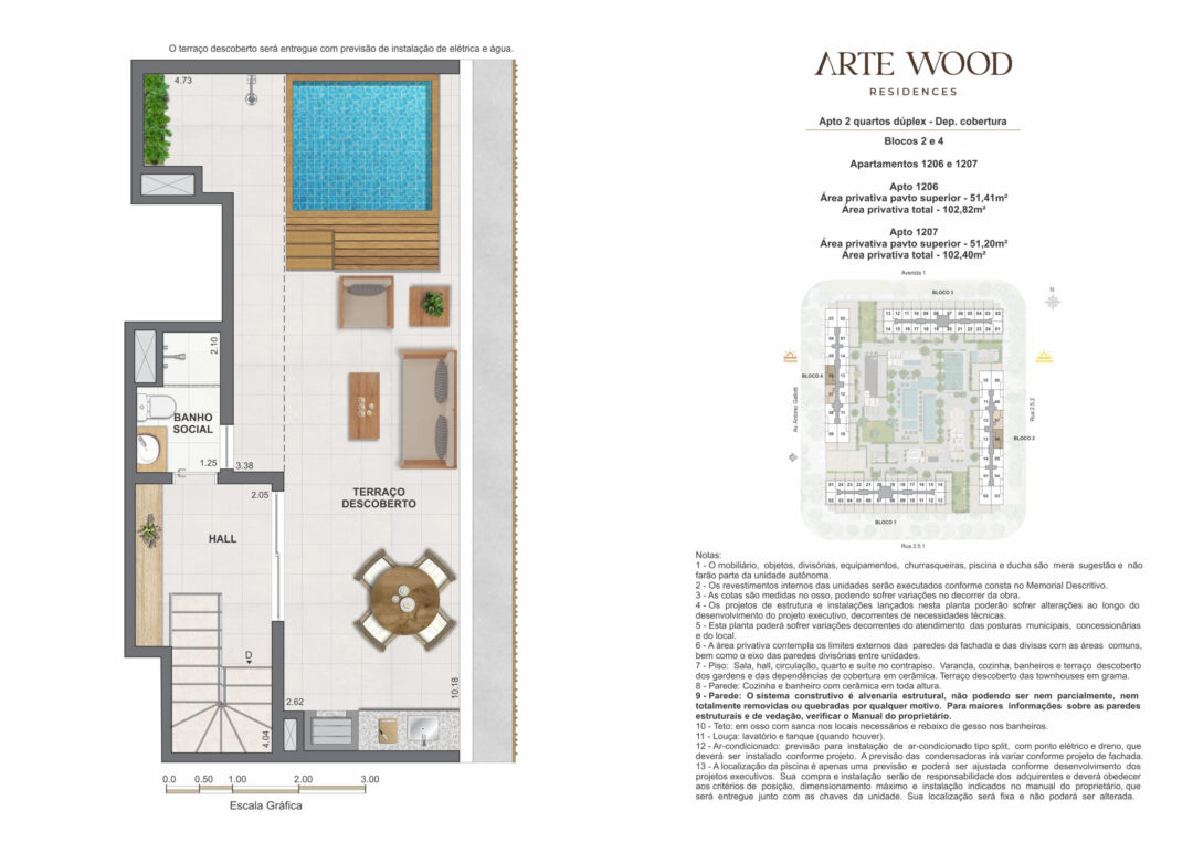 Planta humanizada do pavimento superior das coberturas dúplex de 2 quartos com 102,40 m² e 102,82 m² de áreas privativas total no Arte Wood Residences, empreendimento da Calper no bairro planejado Cidade Arte, na Barra da Tijuca, Rio de Janeiro.