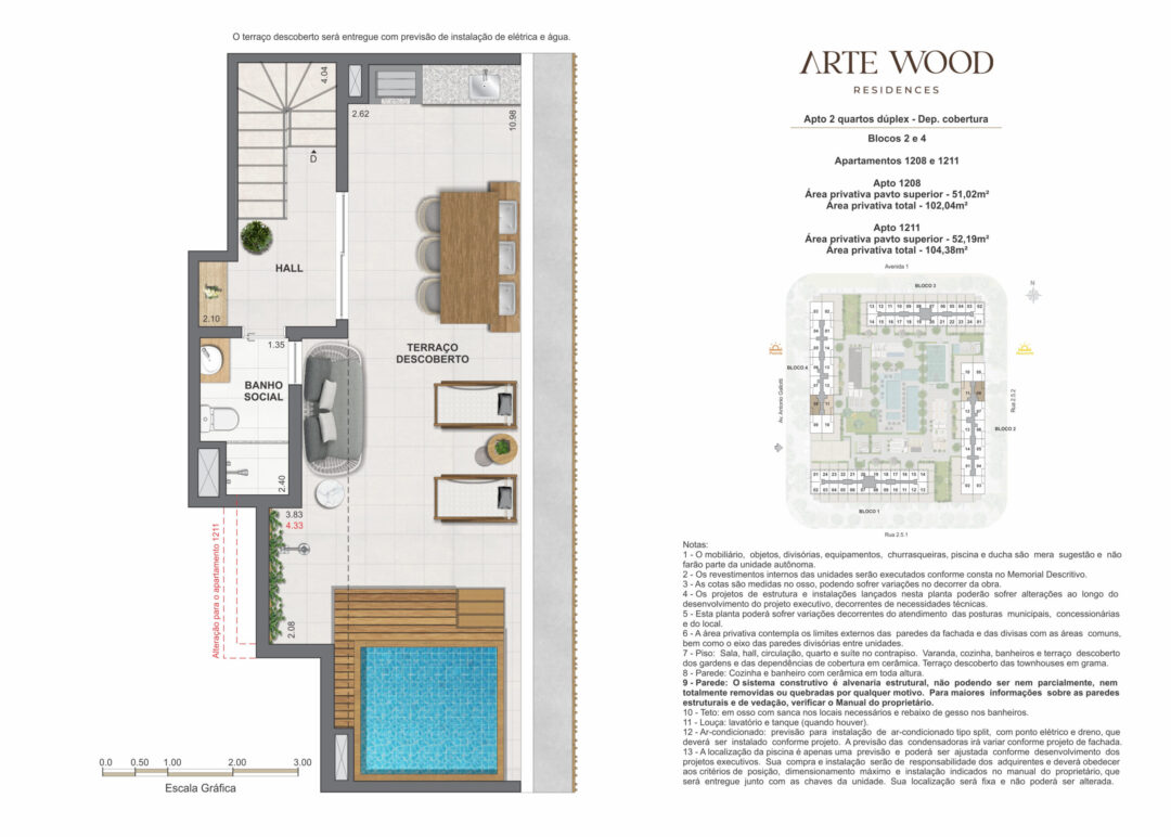 Planta humanizada do pavimento superior das coberturas dúplex de 2 quartos com 102,04 m² e 104,38 m² de áreas privativas total no Arte Wood Residences, empreendimento da Calper no bairro planejado Cidade Arte, na Barra da Tijuca, Rio de Janeiro.
