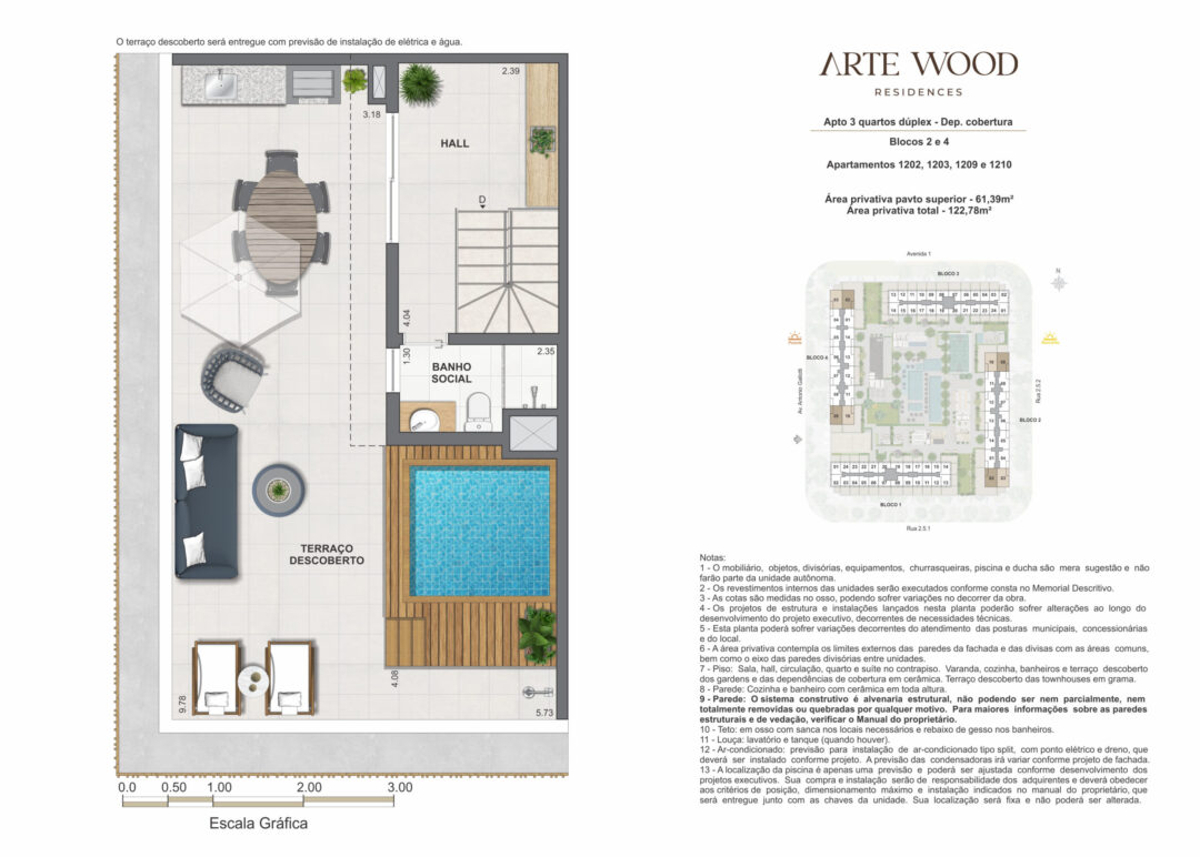 Planta humanizada do pavimento superior da cobertura dúplex de 3 quartos com 122,78 m² de área privativa total no Arte Wood Residences, empreendimento da Calper no bairro planejado Cidade Arte, na Barra da Tijuca, Rio de Janeiro.