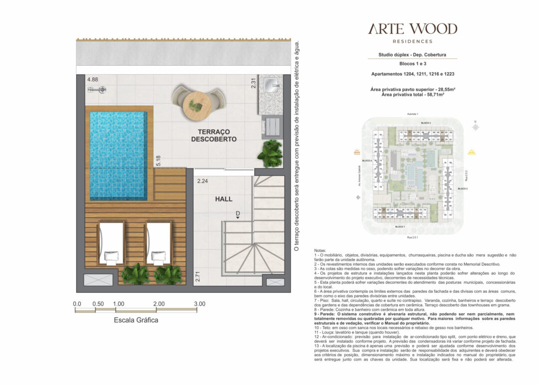 Planta humanizada do pavimento superior da cobertura studio dúplex com 58,71 m² de área privativa total no Arte Wood Residences, empreendimento da Calper no bairro planejado Cidade Arte, na Barra da Tijuca, Rio de Janeiro.