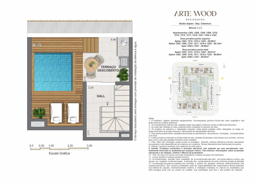 Planta humanizada do pavimento superior das coberturas studio dúplex com 58,01 m², 58,08 m² e 59,03 m² de áreas privativas total no Arte Wood Residences, empreendimento da Calper no bairro planejado Cidade Arte, na Barra da Tijuca, Rio de Janeiro.