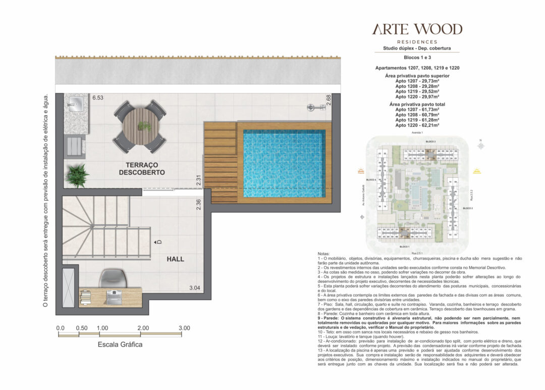 Planta humanizada do pavimento superior das coberturas studio dúplex com 60,79 m², 61,28 m², 61,73 m² e 62,21 m² de áreas privativas total no Arte Wood Residences, empreendimento da Calper no bairro planejado Cidade Arte, na Barra da Tijuca, Rio de Janeiro.