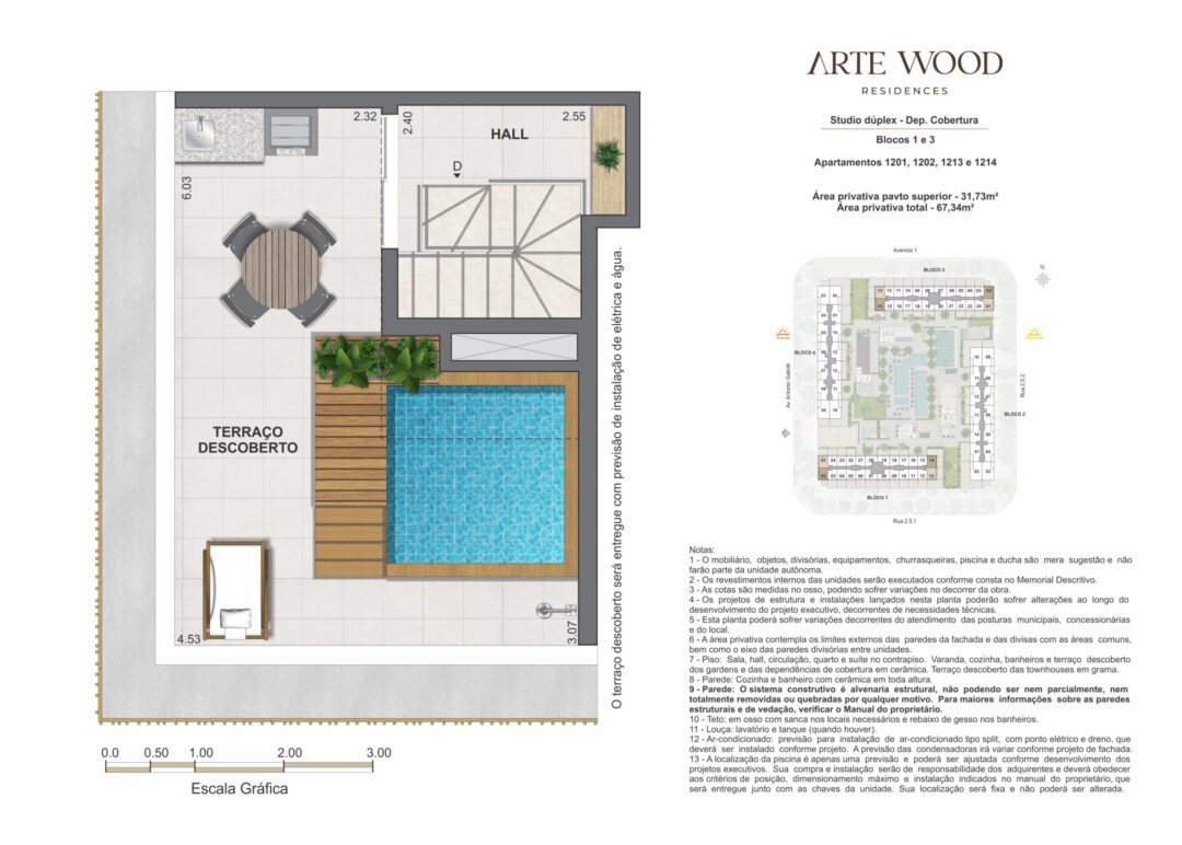 Planta humanizada do pavimento superior da cobertura studio dúplex com 67,34 m² de área privativa total no Arte Wood Residences, empreendimento da Calper no bairro planejado Cidade Arte, na Barra da Tijuca, Rio de Janeiro.