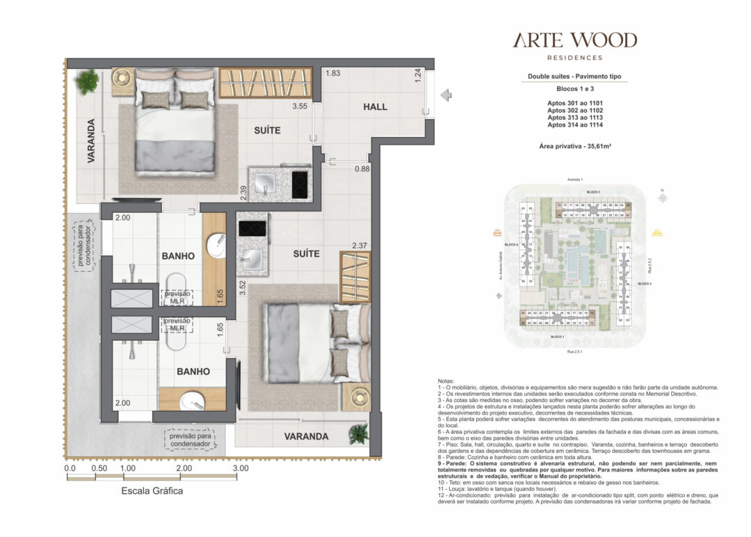 Planta humanizada das double suítes com 35,61 m² de área privativa no Arte Wood Residences, empreendimento da Calper no bairro planejado Cidade Arte, na Barra da Tijuca, Rio de Janeiro.
