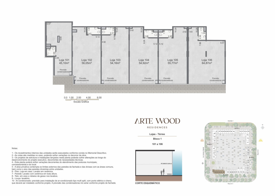 Planta humanizada do térreo das lojas 101 a 106 do bloco 1 no Arte Wood Residences, empreendimento da Calper no bairro planejado Cidade Arte, na Barra da Tijuca, Rio de Janeiro.