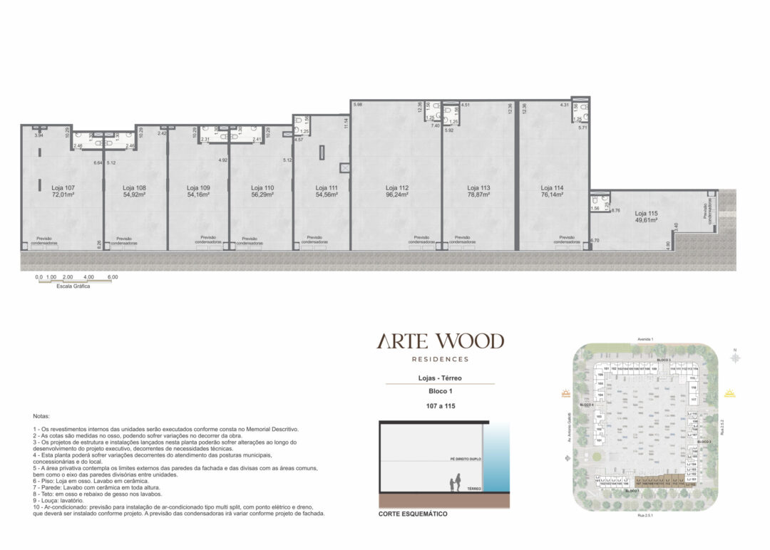 Planta humanizada do térreo das lojas 107 a 115 do bloco 1 no Arte Wood Residences, empreendimento da Calper no bairro planejado Cidade Arte, na Barra da Tijuca, Rio de Janeiro.