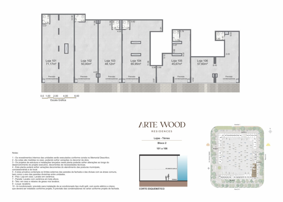 Planta humanizada do térreo das lojas 101 a 106 do bloco 2 no Arte Wood Residences, empreendimento da Calper no bairro planejado Cidade Arte, na Barra da Tijuca, Rio de Janeiro.