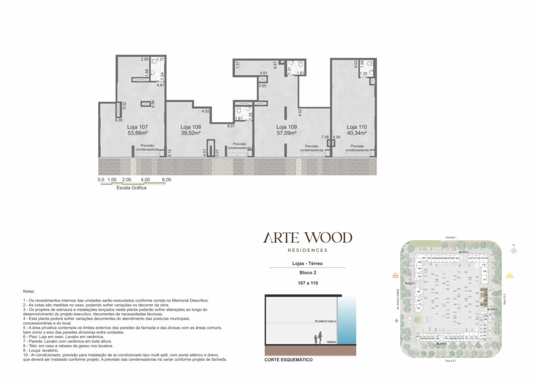 Planta humanizada do térreo das lojas 107 a 110 do bloco 2 no Arte Wood Residences, empreendimento da Calper no bairro planejado Cidade Arte, na Barra da Tijuca, Rio de Janeiro.