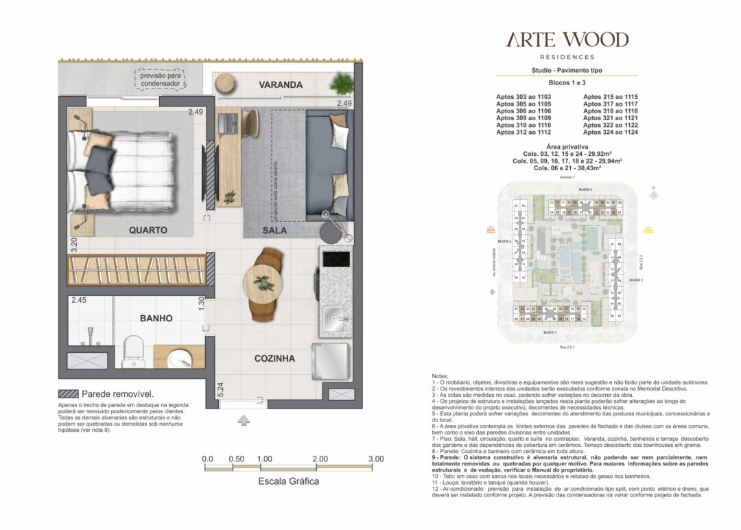 Planta humanizada dos studios com 29,92 m², 51,60 m², 29,94 m² e 30,43 m² de áreas privativas no Arte Wood Residences, empreendimento da Calper no bairro planejado Cidade Arte, na Barra da Tijuca, Rio de Janeiro.