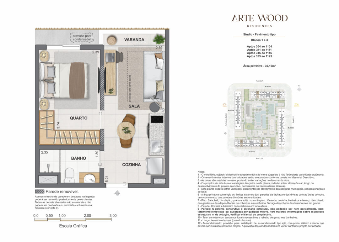 Planta humanizada do studio com 30,16 m² de área privativa no Arte Wood Residences, empreendimento da Calper no bairro planejado Cidade Arte, na Barra da Tijuca, Rio de Janeiro.