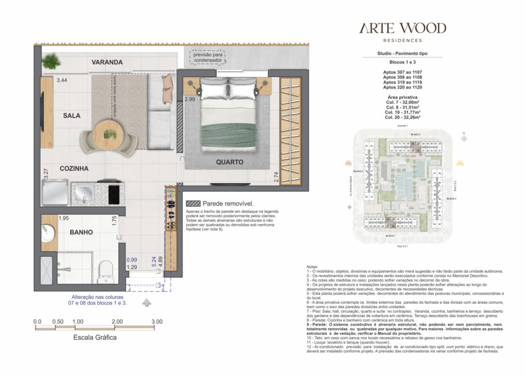 Planta humanizada dos studios com 31,51 m², 31,77 m², 32 m² e 32,26 m² de áreas privativas no Arte Wood Residences, empreendimento da Calper no bairro planejado Cidade Arte, na Barra da Tijuca, Rio de Janeiro.