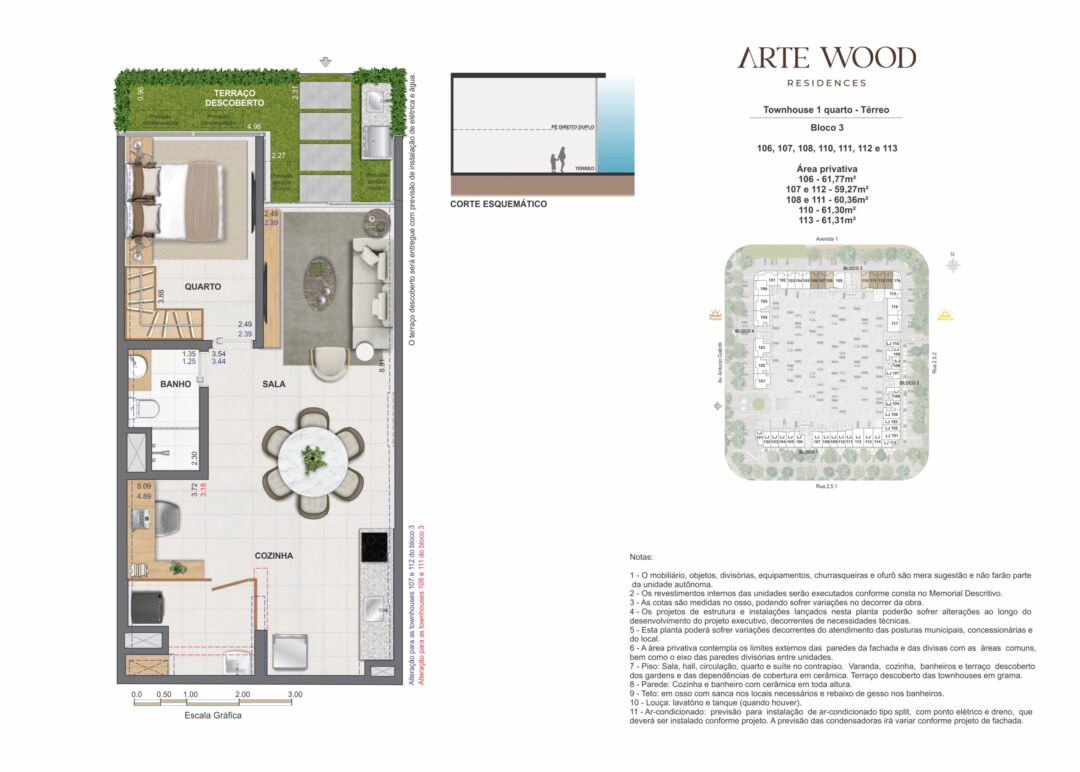 Planta humanizada das townhouses de 1 quarto com 59,27 m², 60,36 m², 61,30 m², 61,31 m² e 61,77 m² de área privativa no Arte Wood Residences, empreendimento da Calper no bairro planejado Cidade Arte, na Barra da Tijuca, Rio de Janeiro.