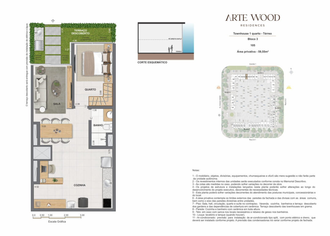 Planta humanizada da townhouse de 1 quarto com 59,55 m² de área privativa no Arte Wood Residences, empreendimento da Calper no bairro planejado Cidade Arte, na Barra da Tijuca, Rio de Janeiro.