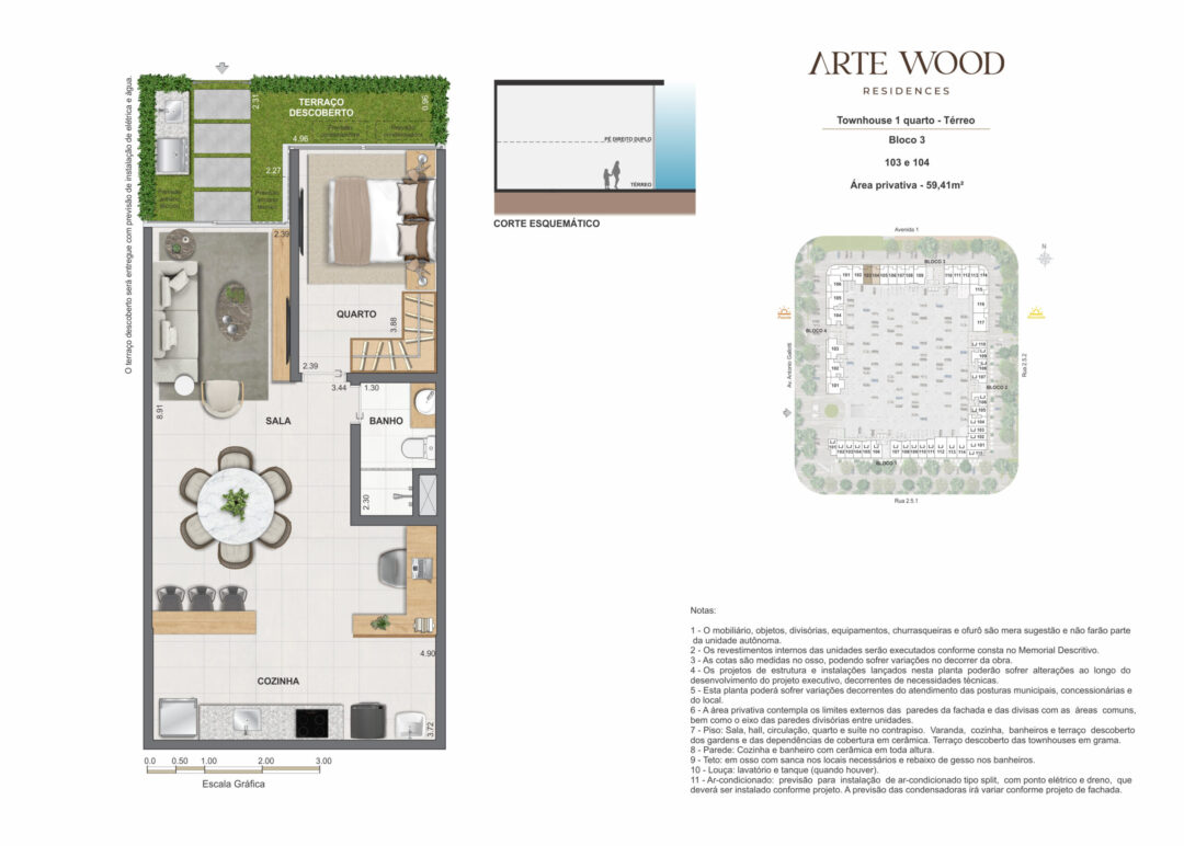 Planta humanizada da townhouse de 1 quarto com 59,41 m² de área privativa no Arte Wood Residences, empreendimento da Calper no bairro planejado Cidade Arte, na Barra da Tijuca, Rio de Janeiro.