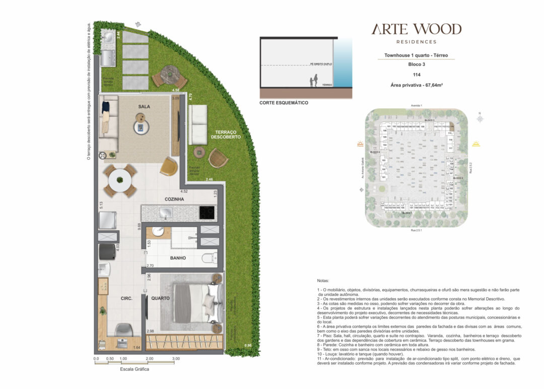 Planta humanizada da townhouse de 1 quarto com 67,64 m² de área privativa no Arte Wood Residences, empreendimento da Calper no bairro planejado Cidade Arte, na Barra da Tijuca, Rio de Janeiro.