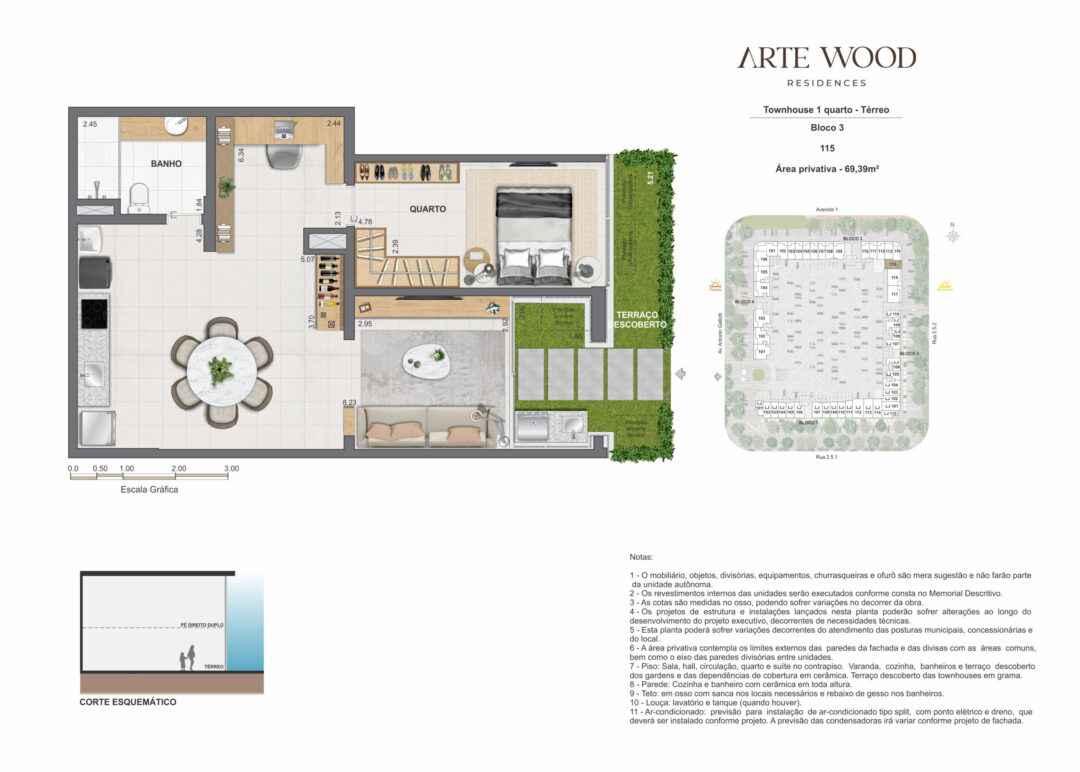Planta humanizada da townhouse de 1 quarto com 69,39 m² de área privativa no Arte Wood Residences, empreendimento da Calper no bairro planejado Cidade Arte, na Barra da Tijuca, Rio de Janeiro.