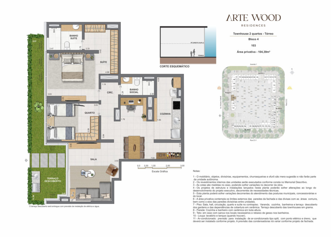Planta humanizada da townhouse de 2 quartos com 104,39 m² de área privativa no Arte Wood Residences, empreendimento da Calper no bairro planejado Cidade Arte, na Barra da Tijuca, Rio de Janeiro.