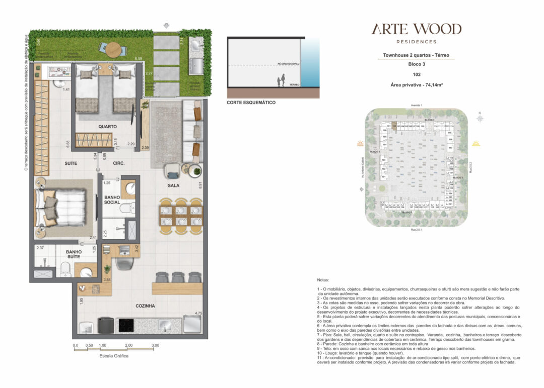 Planta humanizada da townhouse de 2 quartos com 74,14 m² de área privativa no Arte Wood Residences, empreendimento da Calper no bairro planejado Cidade Arte, na Barra da Tijuca, Rio de Janeiro.