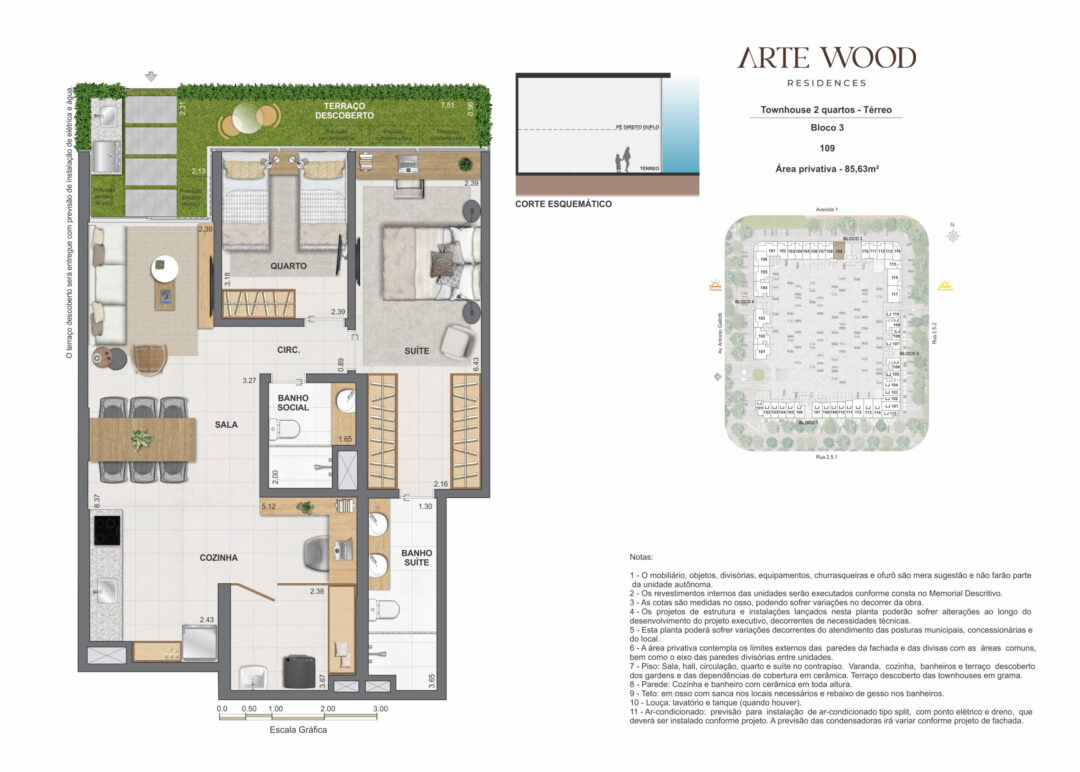 Planta humanizada da townhouse de 2 quartos com 85,63 m² de área privativa no Arte Wood Residences, empreendimento da Calper no bairro planejado Cidade Arte, na Barra da Tijuca, Rio de Janeiro.
