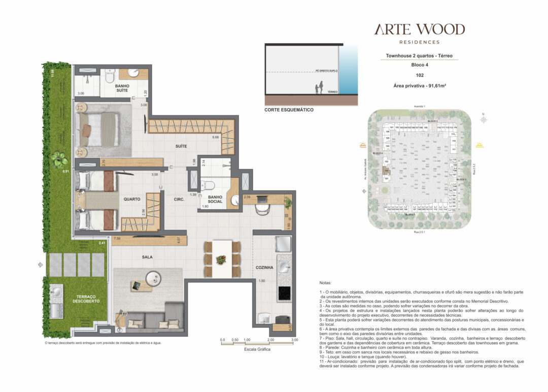 Planta humanizada da townhouse de 2 quartos com 91,61 m² de área privativa no Arte Wood Residences, empreendimento da Calper no bairro planejado Cidade Arte, na Barra da Tijuca, Rio de Janeiro.