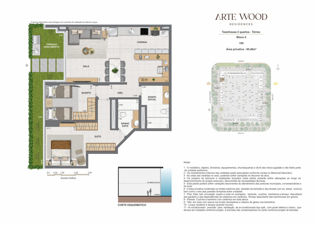 Planta humanizada da townhouse de 2 quartos com 95,48 m² de área privativa no Arte Wood Residences, empreendimento da Calper no bairro planejado Cidade Arte, na Barra da Tijuca, Rio de Janeiro.