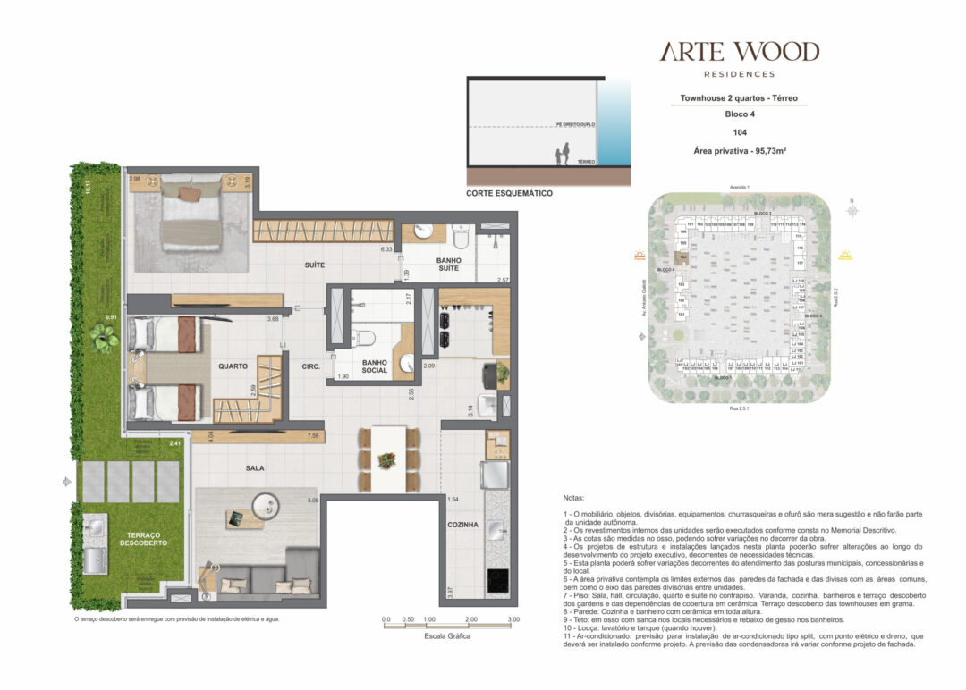 Planta humanizada da townhouse de 2 quartos com 95,73 m² de área privativa no Arte Wood Residences, empreendimento da Calper no bairro planejado Cidade Arte, na Barra da Tijuca, Rio de Janeiro.