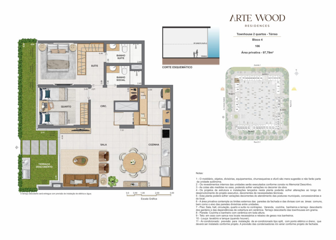 Planta humanizada da townhouse de 2 quartos com 97,79 m² de área privativa no Arte Wood Residences, empreendimento da Calper no bairro planejado Cidade Arte, na Barra da Tijuca, Rio de Janeiro.