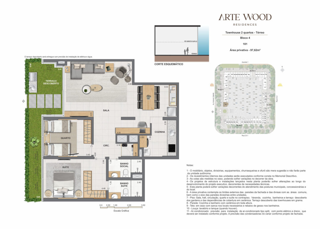 Planta humanizada da townhouse de 2 quartos com 97,62 m² de área privativa no Arte Wood Residences, empreendimento da Calper no bairro planejado Cidade Arte, na Barra da Tijuca, Rio de Janeiro.