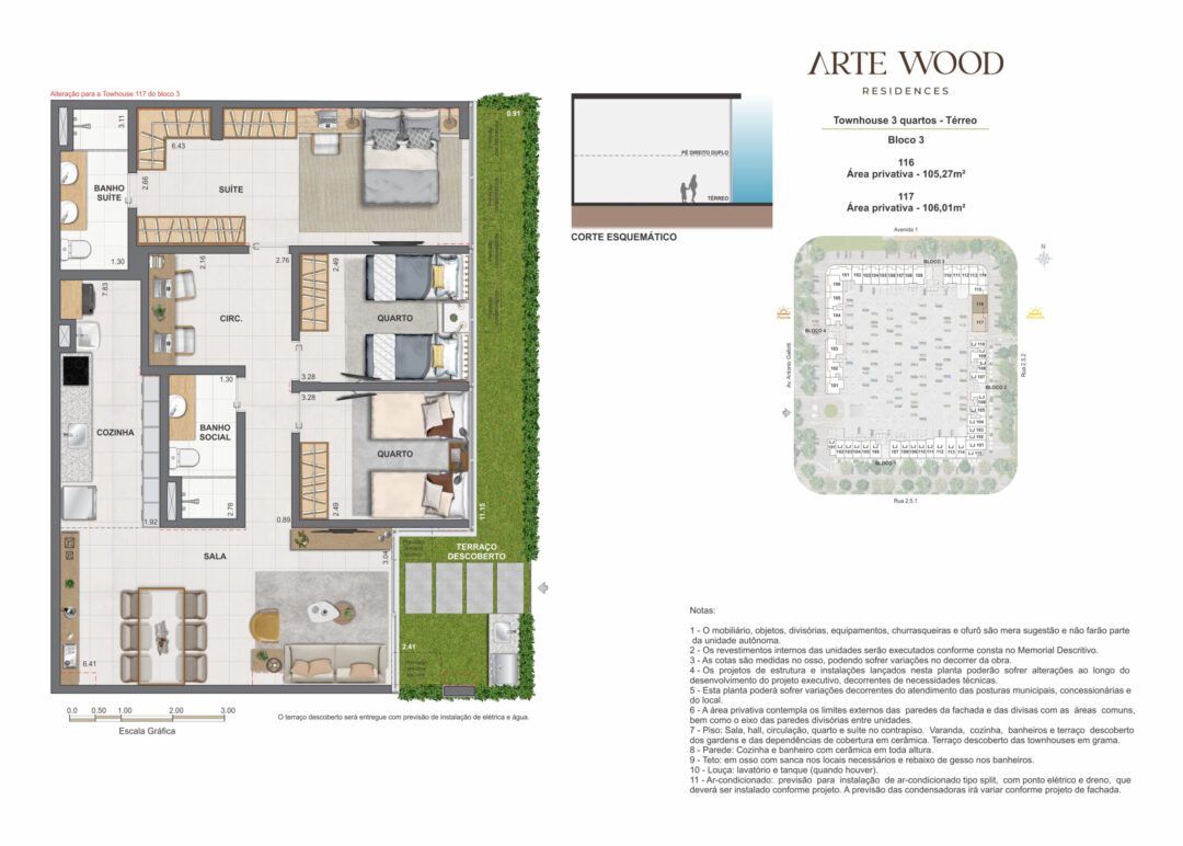 Planta humanizada das townhouses de 3 quartos com 105,27 m² e 106,01 m² de área privativa no Arte Wood Residences, empreendimento da Calper no bairro planejado Cidade Arte, na Barra da Tijuca, Rio de Janeiro.