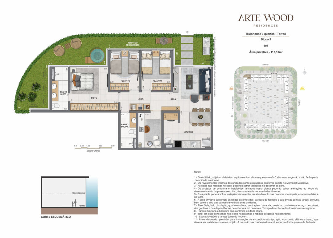 Planta humanizada da townhouse de 3 quartos com 113,10 m² de área privativa no Arte Wood Residences, empreendimento da Calper no bairro planejado Cidade Arte, na Barra da Tijuca, Rio de Janeiro.
