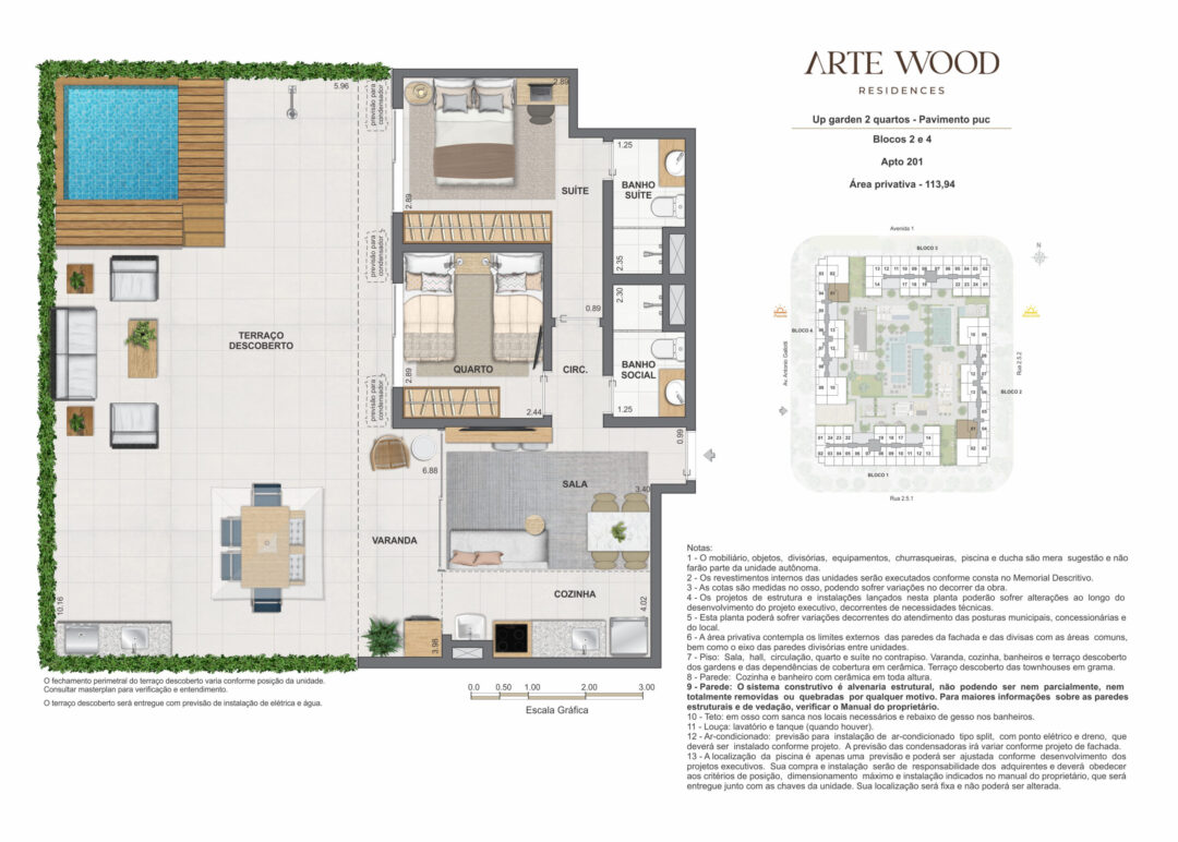 Planta humanizada do up garden de 2 quartos com 113,94 m² de área privativa no Arte Wood Residences, empreendimento da Calper no bairro planejado Cidade Arte, na Barra da Tijuca, Rio de Janeiro.