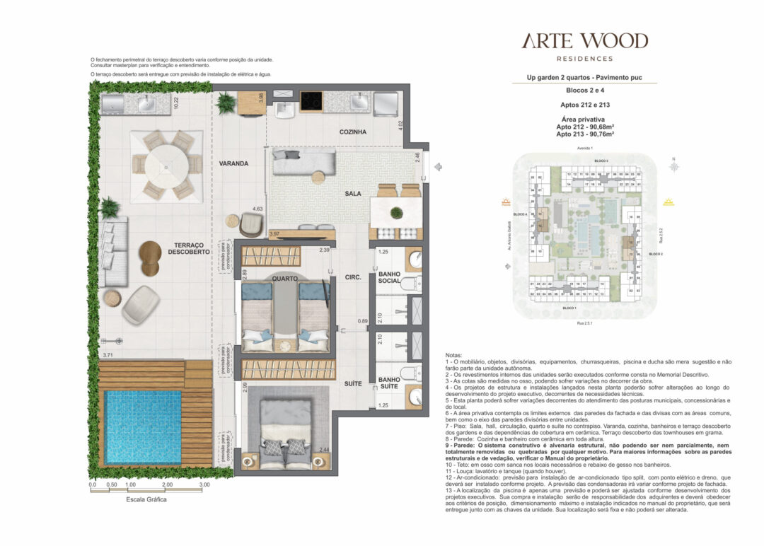 Planta humanizada dos up gardens de 2 quartos com 90,68 m² e 90,76 m² de áreas privativas no Arte Wood Residences, empreendimento da Calper no bairro planejado Cidade Arte, na Barra da Tijuca, Rio de Janeiro.