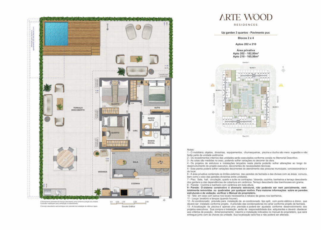 Planta humanizada dos up gardens de 3 quartos com 165,98 m² e 182,80 m² de áreas privativas no Arte Wood Residences, empreendimento da Calper no bairro planejado Cidade Arte, na Barra da Tijuca, Rio de Janeiro.